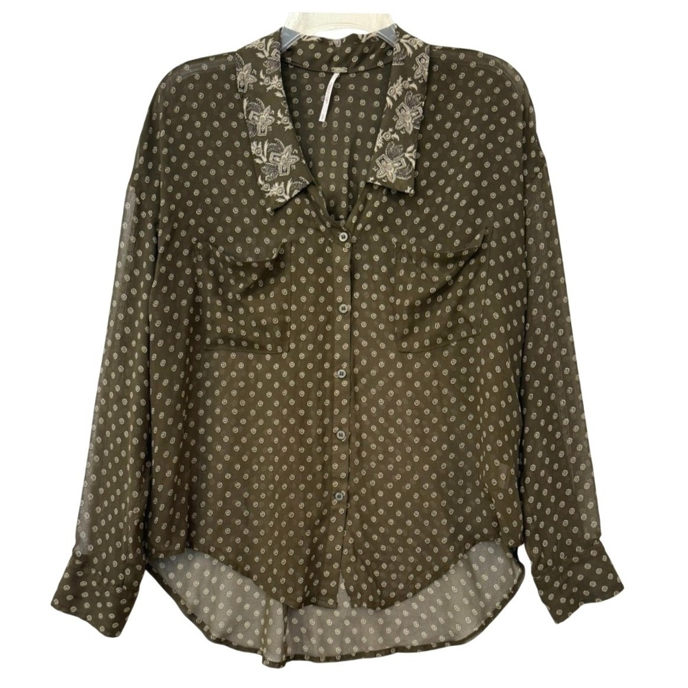 Free People Easy Rider Sheer‎ Olive Green Print Button Front Blouse Size Small